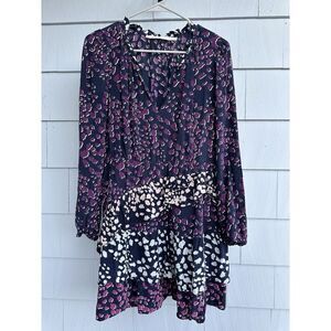 Marie Oliver Purple Printed Long Sleeve Alana Silk Tiered Mini Dress Size Medium